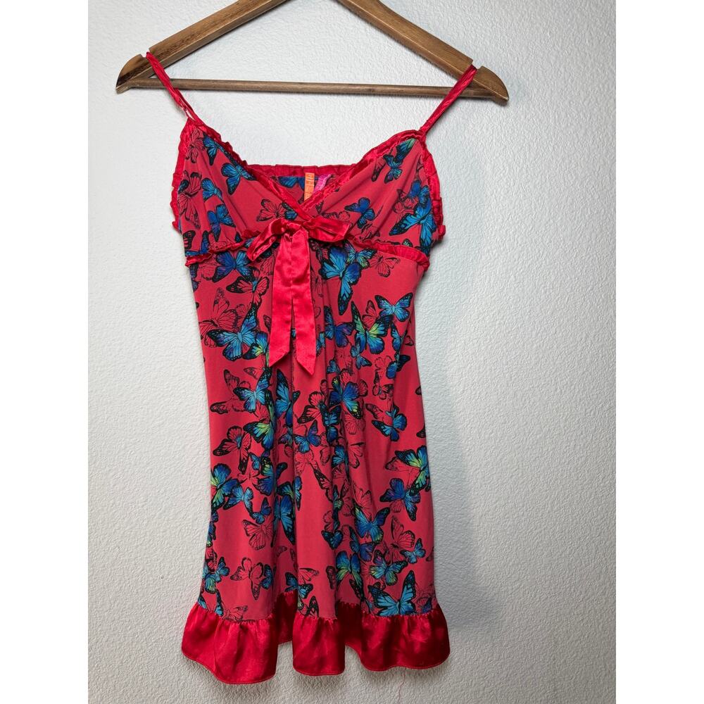 Y2K Butterfly Satin Babydoll Chemise Slip Dress Pink Blue Lingerie Small